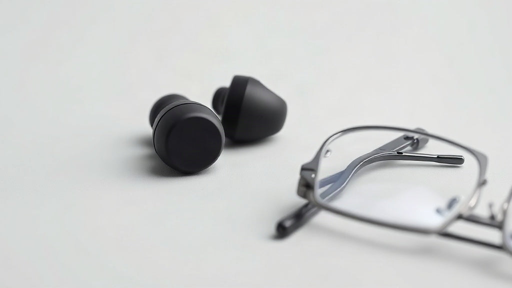 Open-ear clip-on wireless earbuds beside a pair of thin metal-frame eyeglasses on a light grey studio surface