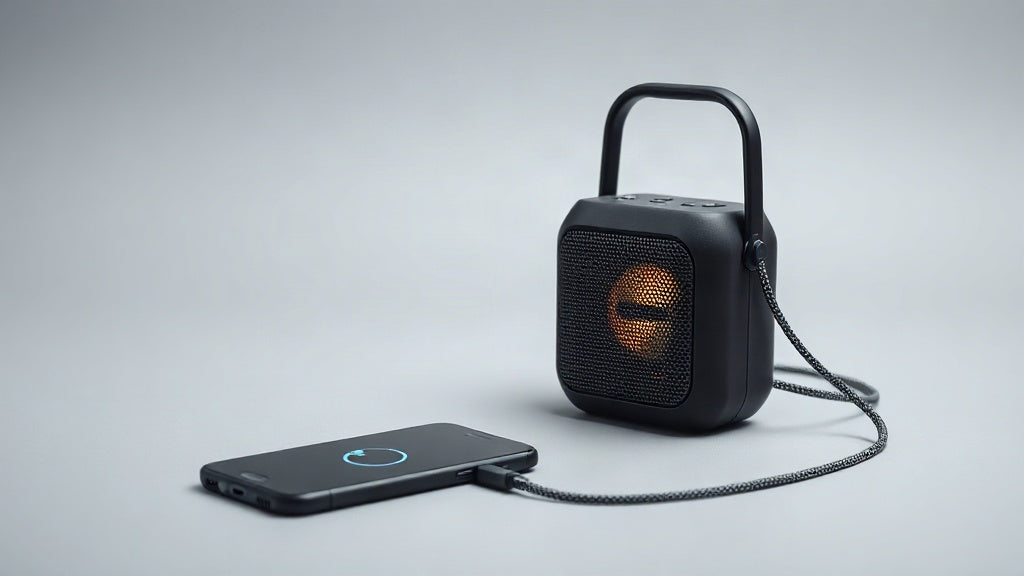 Black portable Bluetooth speaker on a light grey studio surface beside a smartphone connected by a USB-C cable showing a charging indicator