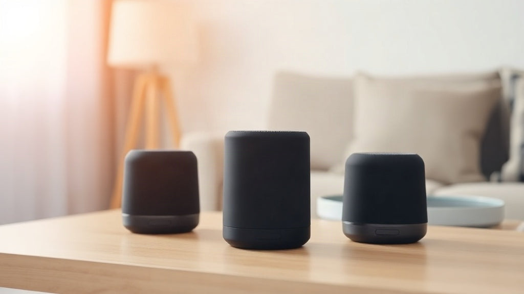 Three compact portable Bluetooth speakers set up as a multi-speaker system, a black cylindrical anchor speaker flanked by two smaller grey speakers on a light wooden surface