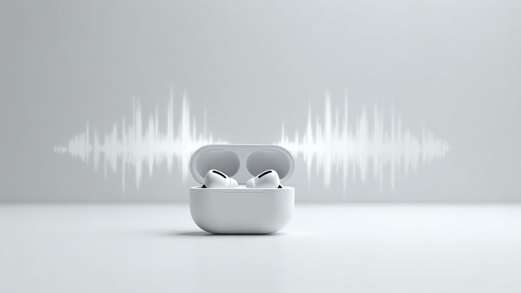 White true wireless earbuds beside an open charging case with a translucent sound-wave barrier symbolizing noise cancellation