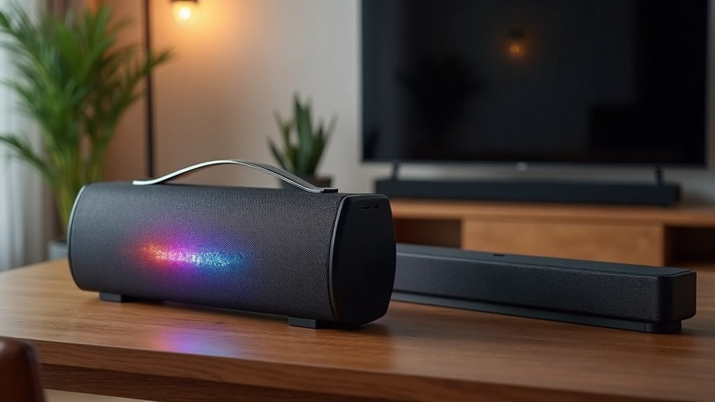 Portable bluetooth speaker with carry handle next to a slim TV soundbar on a wooden table in a living room