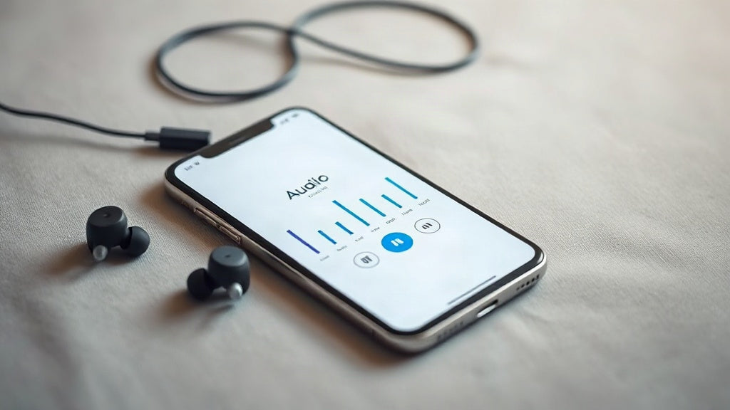 Smartphone showing an audio equalizer screen next to a pair of black open-ear clip-on wireless earbuds on a light grey studio surface