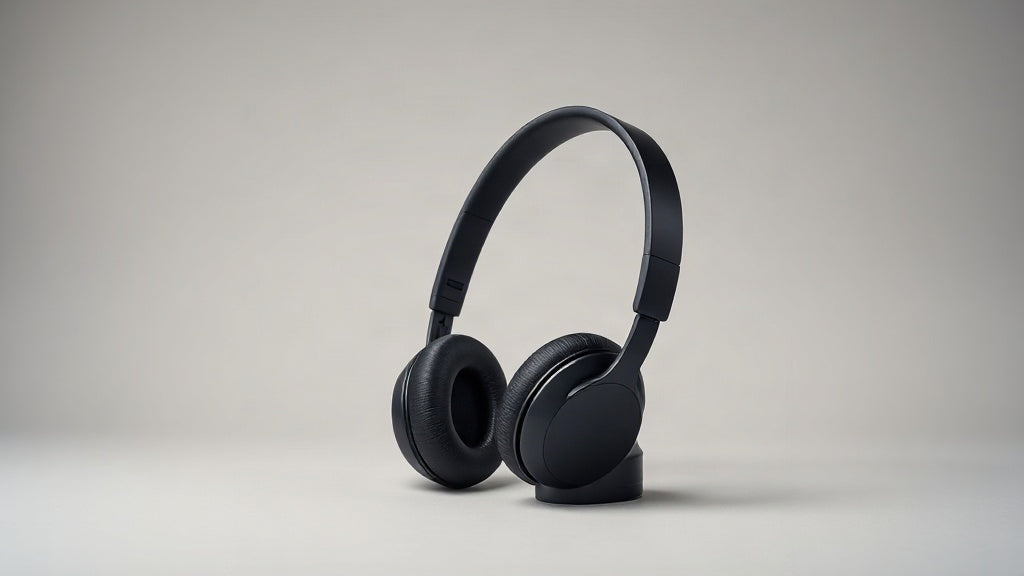 Open-ear hybrid headphones resting beside a compact portable Bluetooth speaker on a light grey studio surface