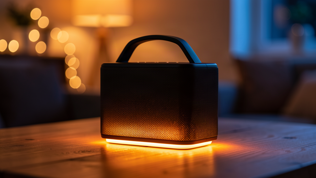 BUGANi Reform portable Bluetooth speaker with warm atmosphere lighting glowing in an evening room