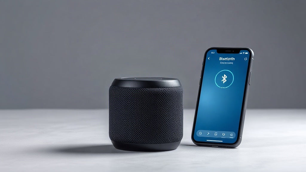 BUGANi portable Bluetooth speaker next to a smartphone showing a Bluetooth pairing screen