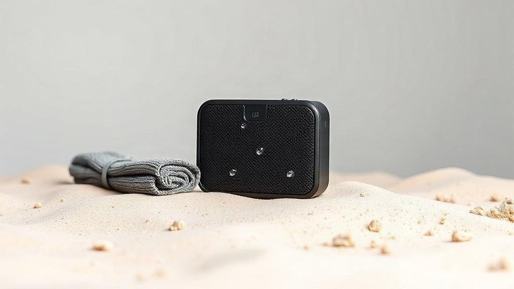 Portable BUGANi Bluetooth speaker resting on a beach mat beside a towel, with sand on the surface
