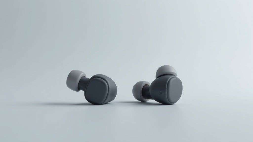 Open-ear earbud with ear hook next to an in-ear earbud with silicone tip on a light studio background