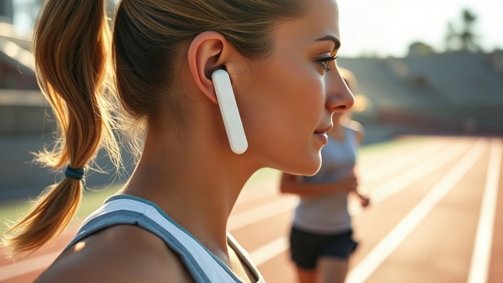 Open-ear wireless earbuds with ear hooks worn by a woman running on a sunlit track