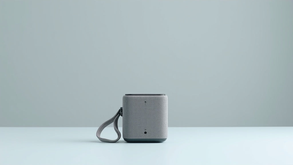 Compact portable Bluetooth speaker with control buttons and carry strap