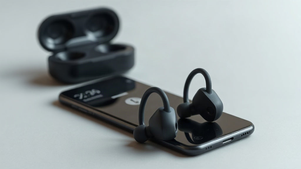 Open-ear ear-hook earbuds resting on a clean light grey studio surface beside a smartphone at moderate volume
