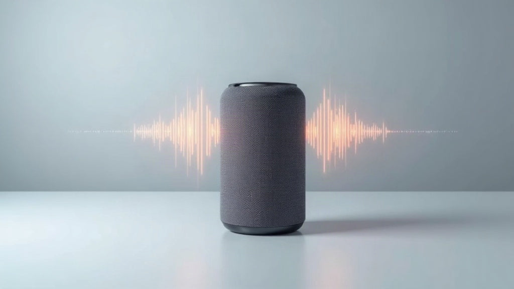 Portable Bluetooth speaker with glowing sound waves and a volume meter on a light-gray studio background