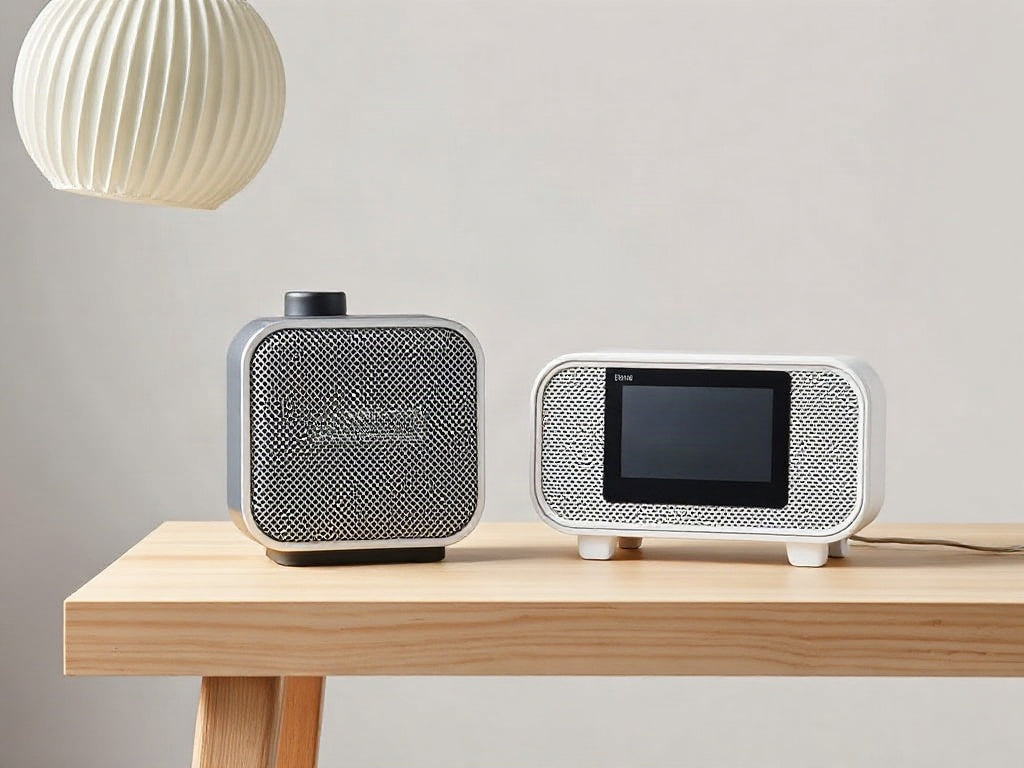 Portable Bluetooth speaker next to a smart display speaker on a wooden table, comparison scene