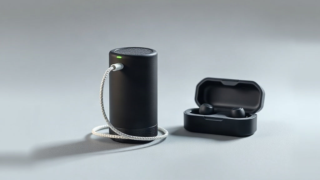 Portable Bluetooth speaker next to a USB-C charging cable on a light studio surface, with an open-ear earbuds charging case in the soft-focus background