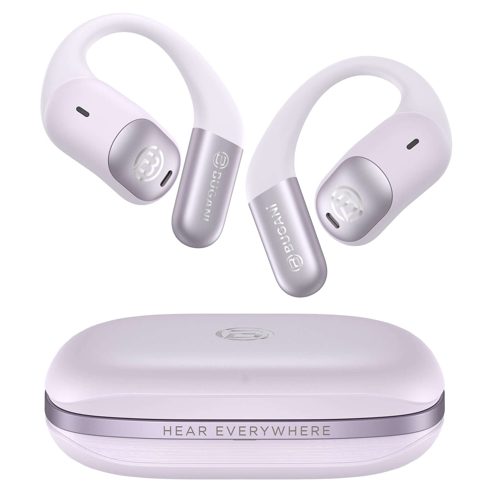 BUGANi Free B15 wireless open-ear Bluetooth headphones with charging case in white, ideal for sports and everyday use.